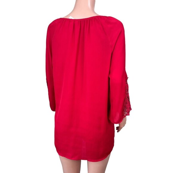 Tacera Womens SZ 1X Red Chiffon Blouse -Lace 3/4 Sleeve-Bow Tie -Round Neck - Picture 11 of 14